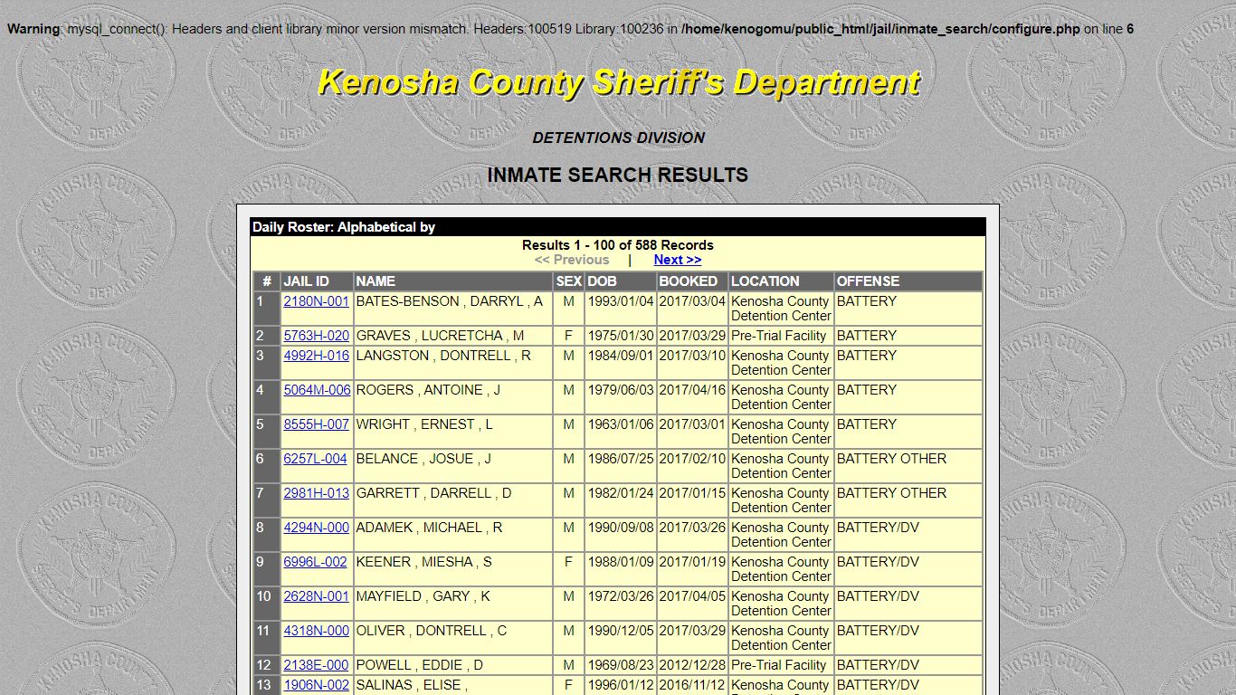 Kenosha County Sheriff's Departement - Inmate Search